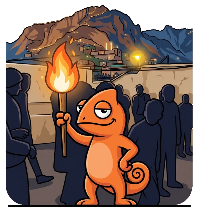 The Contigo chameleon holding a torch at Newroz in Akre