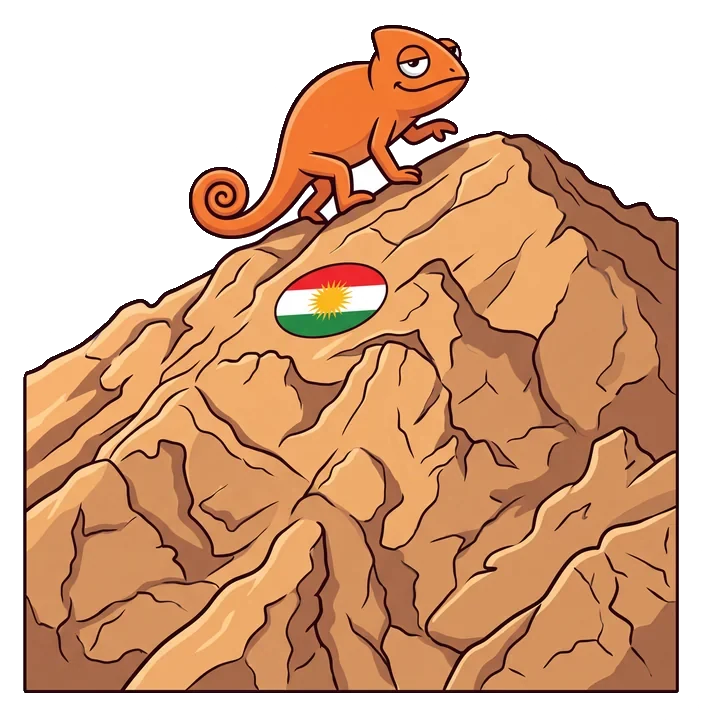 The Contigo chameleon on a mountain with the Kurdistan flag, Duhok