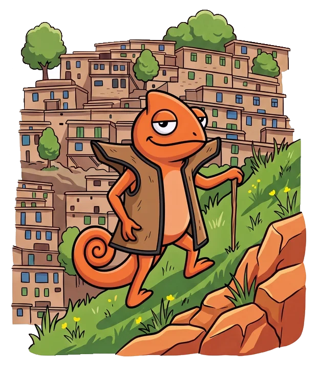 The Contigo chameleon walking past the stepped village houses of Hawraman