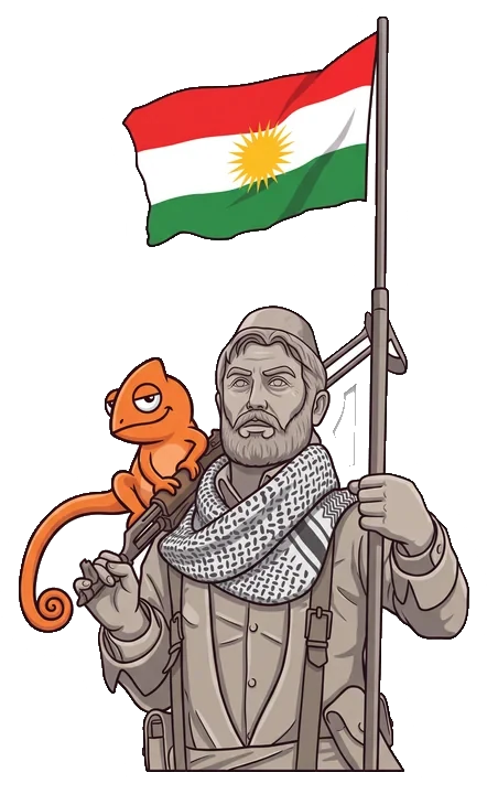 The Contigo chameleon on the shoulder of a Peshmerga statue with the Kurdistan flag, Kirkuk